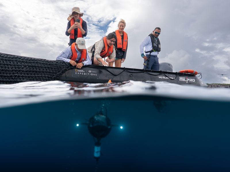 Deep-sea camera deployment from a National Geographic Expeditions Zodiac in the Galápagos